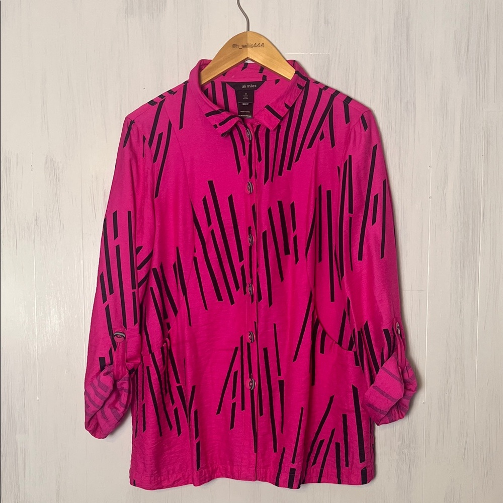 Ali Miles Hot Pink and Black Button Down Blouse Size M - Picture 2 of 6